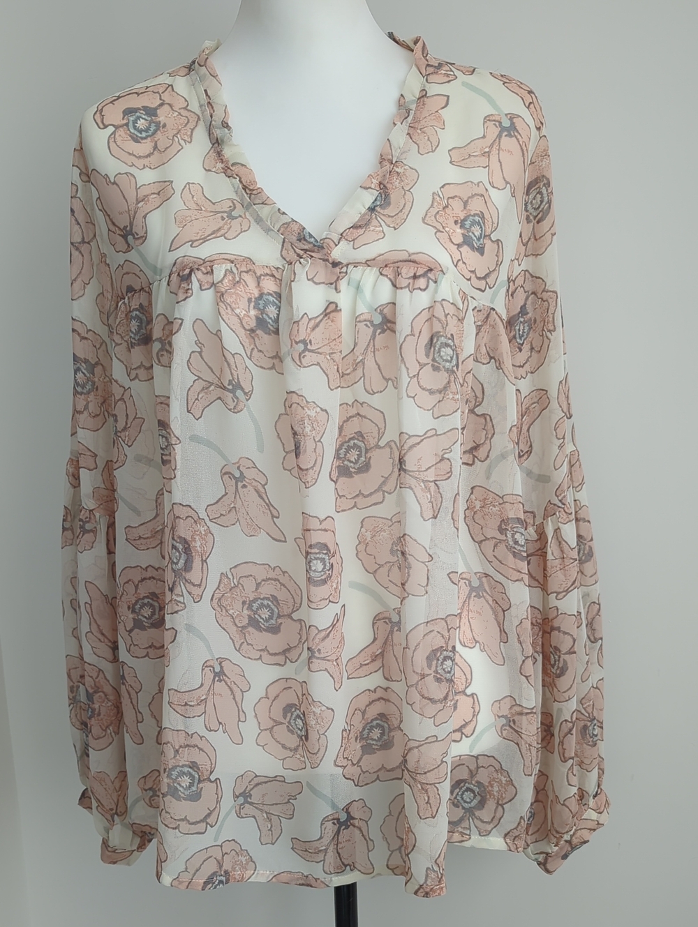 Lucky Brand Cream Sheer Peasant Blouse with Empire Waist & Pink Floral Print